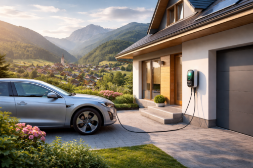 Srebrny samochód elektryczny podłączony kablem do ściennej stacji ładowania przy nowoczesnym domu z drewnianymi okładzinami, schodami przy wejściu, doniczką i garażem, z panelami słonecznymi na dachu, na pierwszym planie ogród z kwitnącymi krzewami, a w tle malownicza wiejska dolina z domami, kościołem i zalesionymi górami.