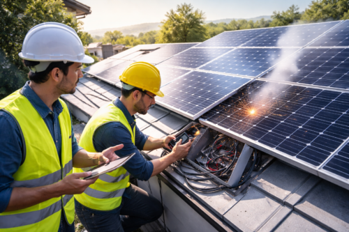 Dwóch robotników na dachu w kamizelkach odblaskowych i kaskach (biały i żółty), jeden trzyma tablet, drugi używa miernika przy odsłoniętej skrzynce połączeń pod panelami fotowoltaicznymi, przy jednym panelu widać iskry i dym, w tle dachówki, szereg paneli i drzewa.