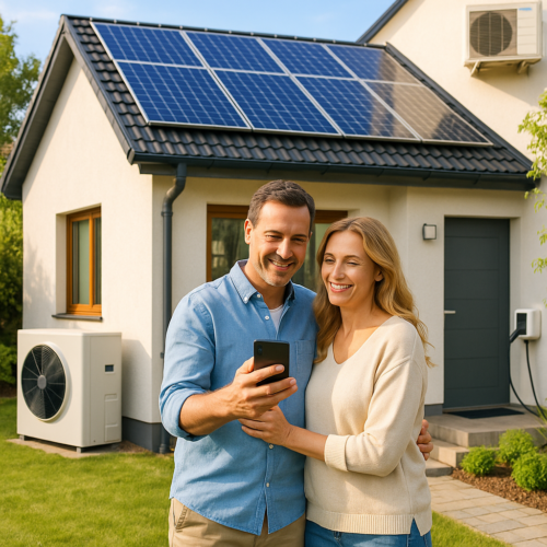 Mężczyzna w niebieskiej koszuli i kobieta w jasnym swetrze stoją obejmując się przed domem z panelami słonecznymi na dachu, wspólnie trzymając smartfon; obok domu widoczna zewnętrzna jednostka klimatyzacji, punkt ładowania przy ścianie, trawnik i wejście.