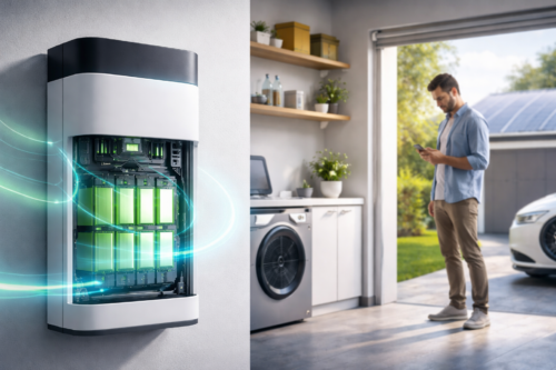 Elegancki domowy system baterii LFP ze świecącymi na zielono rdzeniami energetycznymi jest zamontowany w pralni. W pobliżu stoi mężczyzna korzystający ze smartfona. Ekologiczna przestrzeń obejmuje pralkę, półki oraz widok na samochód i panele słoneczne na zewnątrz.