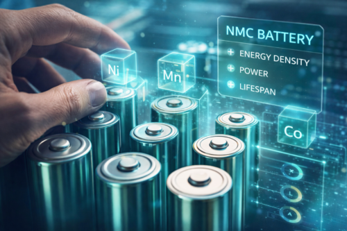 Ręka dotyka cylindrycznych baterii otoczonych cyfrową grafiką przedstawiającą baterię NMC i ikony niklu (Ni), manganu (Mn) i kobaltu (Co), podkreślając gęstość energii, moc i żywotność - reprezentując zaawansowaną technologię baterii.