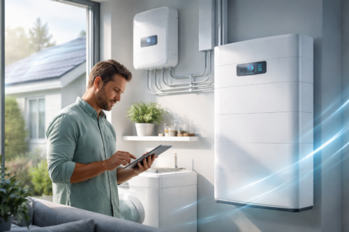 Mężczyzna stoi w jasnym pomieszczeniu przy ścianie z dwoma dużymi białymi elektronicznymi urządzeniami z cyfrowymi wyświetlaczami i metalowymi przewodami, trzymając tablet; obok widać pralkę, półkę z doniczką i szklankami oraz okno z widokiem na dom z panelami słonecznymi.