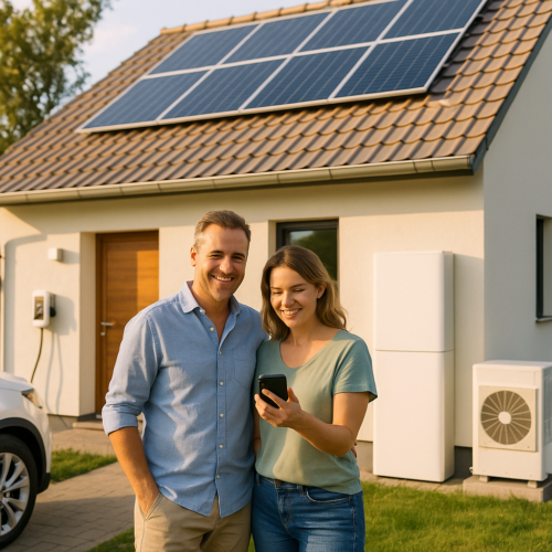 Dwoje dorosłych stoi obok siebie przed domem jednorodzinnym z panelami słonecznymi na dachówce, oboje patrzą na smartfon trzymany przez kobietę; przy elewacji widać urządzenie do ładowania samochodu z kablem, duży biały prostokątny moduł oraz zewnętrzną jednostkę z widocznym wentylatorem, a z lewej częściowo zaparkowany biały samochód.