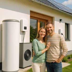 Kobieta w zielonej bluzce i jasnych spodniach oraz mężczyzna w beżowo‑białym swetrze w paski i dżinsach stoją blisko siebie, uśmiechnięci przed białym domem z drewnianą framugą okna, panelami słonecznymi na dachu i zewnętrznymi urządzeniami elektrycznymi przy ścianie (cylindryczny zbiornik i jednostka z wentylatorem), na trawniku.