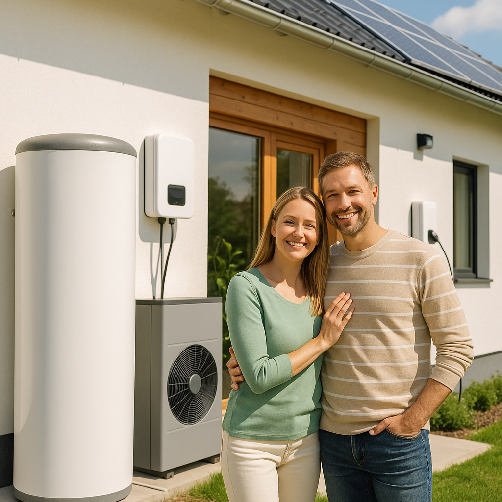 Kobieta w zielonej bluzce i jasnych spodniach oraz mężczyzna w beżowo‑białym swetrze w paski i dżinsach stoją blisko siebie, uśmiechnięci przed białym domem z drewnianą framugą okna, panelami słonecznymi na dachu i zewnętrznymi urządzeniami elektrycznymi przy ścianie (cylindryczny zbiornik i jednostka z wentylatorem), na trawniku.