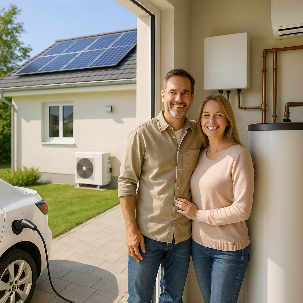 Uśmiechnięci mężczyzna i kobieta stoją w progu garażu obok pionowego zbiornika i miedzianych rur instalacji; na zewnątrz widać dom z panelami słonecznymi na dachu, jednostkę zewnętrzną pompy ciepła przy ścianie, trawnik oraz biały samochód z podłączonym kablem ładującym.