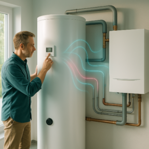 Mężczyzna dotykający małego cyfrowego panelu na dużym białym cylindrycznym zbiorniku; po prawej widoczny biały wiszący kocioł i sieć miedzianych i stalowych rur, na zbiorniku nałożone niebieskie i różowe linie symbolizujące przepływ, okno po lewej wpuszcza światło.