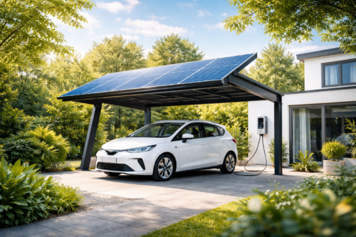Biały samochód elektryczny zaparkowany na kamiennym podjeździe pod metalowym carportem z panelami słonecznymi, podłączony kablem do ściennej stacji ładowania przy nowoczesnym białym domu, otoczony bujną zielenią i drzewami.