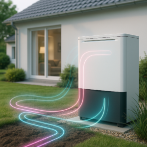 Nowoczesna gruntowa pompa ciepła stoi na żwirowej łące przed domem z dużymi oknami. Świecące neonowe linie pokazują przepływ energii do domu, podkreślając wydajne, przyjazne dla środowiska ogrzewanie i chłodzenie wśród bujnego trawnika i zieleni.