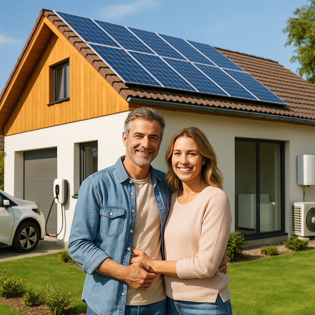 Para stoi na trawniku przed domem z panelami fotowoltaicznymi na dachu; po lewej widać elektryczny samochód podłączony do stacji ładowania, po prawej przeszklone drzwi i zewnętrzna jednostka klimatyzacji, oboje patrzą w stronę aparatu i się uśmiechają.