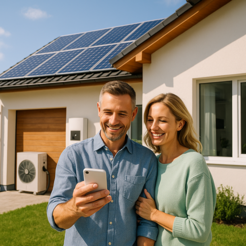 Uśmiechnięta para stoi na trawniku przed nowoczesnym białym domem z panelami słonecznymi na dachu i drewnianymi drzwiami garażu — mężczyzna trzyma smartfon, kobieta przytula jego ramię, obok widoczna jednostka zewnętrzna klimatyzacji.