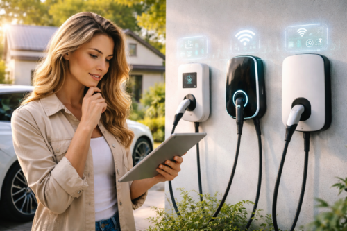 Kobieta stoi na zewnątrz z tabletem, patrząc w zamyśleniu na stacje ładowania pojazdów elektrycznych ładowarką AC zamontowaną na ścianie. Grafika interfejsu cyfrowego unosi się nad ładowarkami, a w tle widać biały dom i zaparkowany samochód.