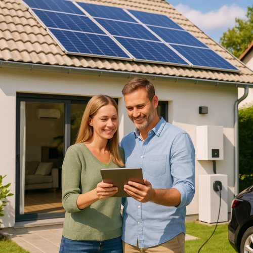 Uśmiechnięta para stoi przed swoim nowoczesnym domem z panelami słonecznymi, omawiając na tablecie dobór mocy instalacji fotowoltaicznej. Ładowarka do pojazdów elektrycznych i akumulator podkreślają ich koncentrację na energii odnawialnej i zrównoważonym rozwoju.