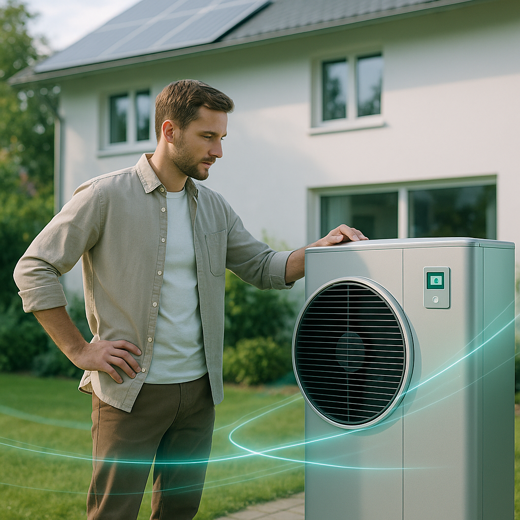 Mężczyzna w beżowej koszuli i białym T‑shircie, z krótkimi brązowymi włosami i zarostem, stoi na trawniku przed białym domem z panelami słonecznymi na dachu, opierając dłoń na dużej srebrnej zewnętrznej jednostce urządzenia z okrągłą kratą wentylacyjną i małym ekranem, wokół której widoczne są świetliste niebieskawe smugi.