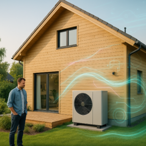 Mężczyzna stoi przed nowoczesnym domem drewnianym, patrząc na dużą pompę ciepła obok budynku. Miękkie cyfrowe linie i świecące efekty ilustrują przepływ powietrza lub energii, symbolizując wydajną i przyjazną dla środowiska technologię ogrzewania domu.