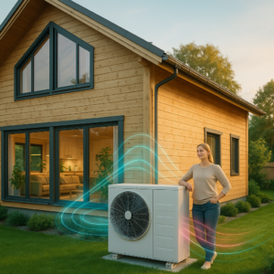 Kobieta stoi przed nowoczesnym domem drewnianym, opierając dłoń na pompie ciepła. Niebiesko-pomarańczowa grafika przepływu energii wiruje wokół urządzenia, ilustrując wydajne ogrzewanie i chłodzenie na bujnym zielonym trawniku w świetle wczesnego wieczoru.