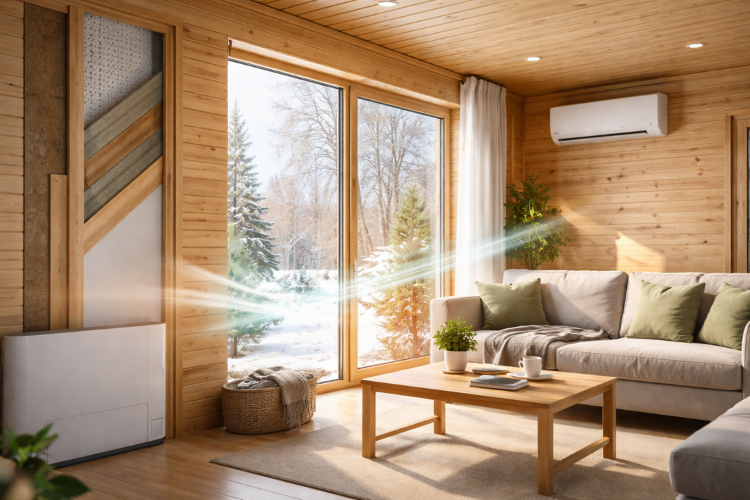 Salon wykończony jasnym drewnem z dużymi przeszklonymi drzwiami i widokiem na zaśnieżony las, z beżową sofą i zielonymi poduszkami, niskim drewnianym stolikiem z filiżanką, talerzykiem i książką, koszem wiklinowym z kocem, roślinami doniczkowymi, ścienną klimatyzacją, jasnym dywanem i promieniami światła wpadającymi przez okno.
