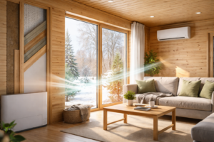 Salon wykończony jasnym drewnem z dużymi przeszklonymi drzwiami i widokiem na zaśnieżony las, z beżową sofą i zielonymi poduszkami, niskim drewnianym stolikiem z filiżanką, talerzykiem i książką, koszem wiklinowym z kocem, roślinami doniczkowymi, ścienną klimatyzacją, jasnym dywanem i promieniami światła wpadającymi przez okno.