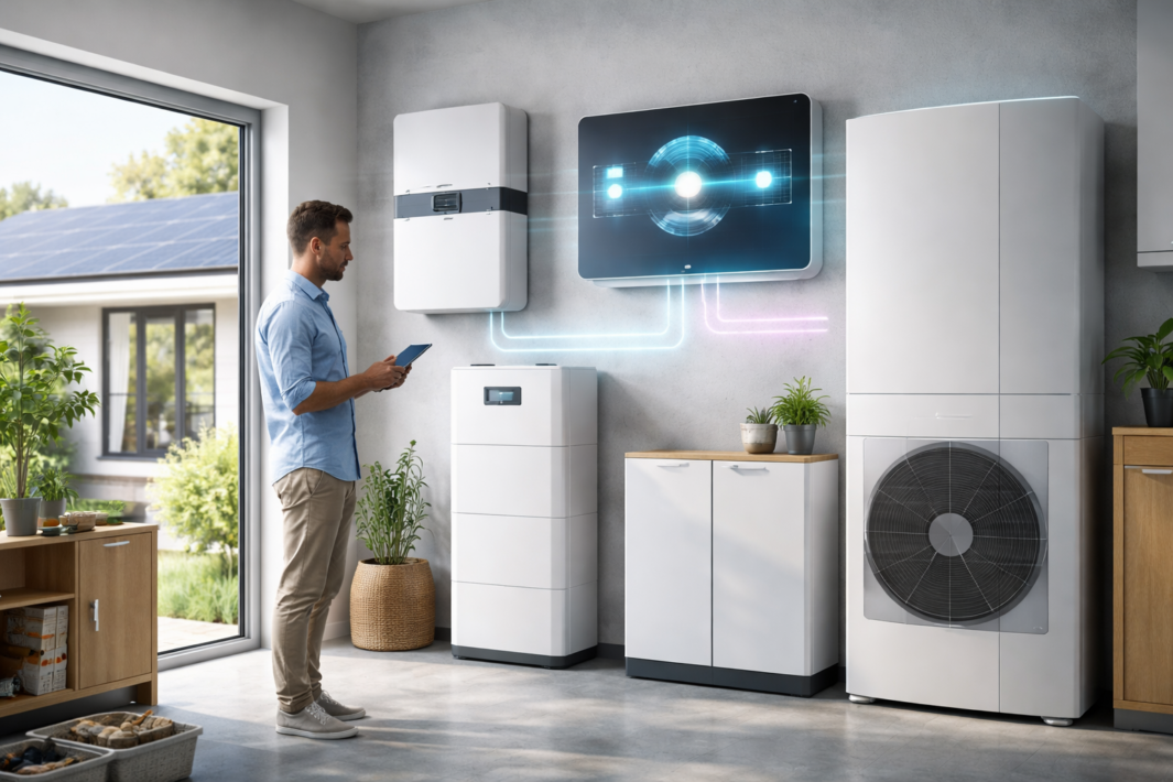 Mężczyzna korzysta z tabletu w nowoczesnym pomieszczeniu z białymi zasobnikami energii, dużym wentylatorem i szafkami - idealne do przygotowania domu na wiosnę. Światło słoneczne wpada przez okna z widokiem na panele słoneczne, a cyfrowy wyświetlacz pokazuje podłączone systemy energetyczne.
