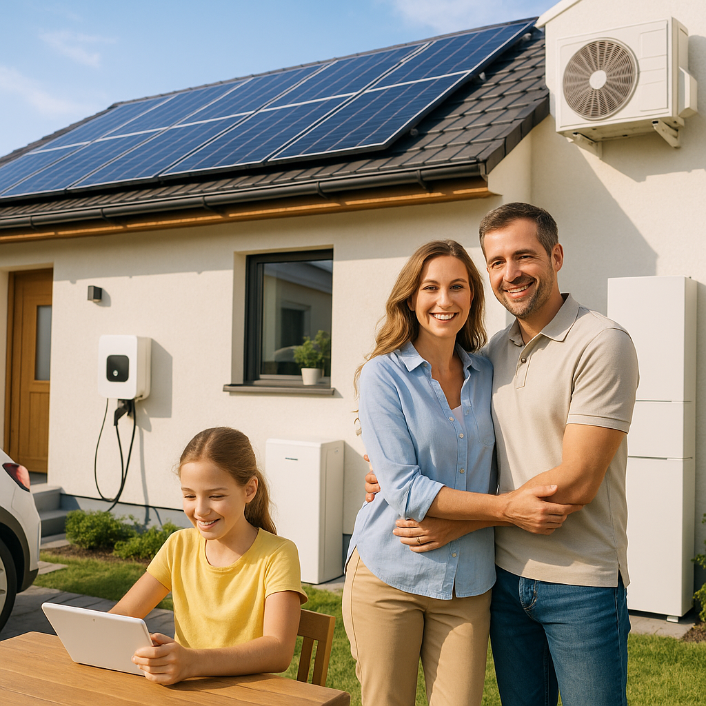 Para dorosłych stojąca razem i obejmująca się przed nowoczesnym domem z panelami słonecznymi na dachu, obok siedząca dziewczynka korzystająca z tabletu; na elewacji widoczna stacja ładowania samochodu elektrycznego, jednostka magazynowania energii, klimatyzator i fragment zaparkowanego samochodu.