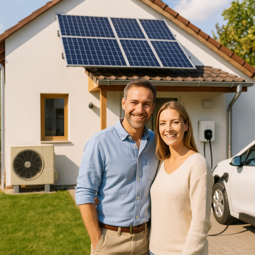 Mężczyzna w niebieskiej koszuli i kobieta w jasnym swetrze stoją uśmiechnięci na trawniku przed białym domem z panelami fotowoltaicznymi na dachu; po lewej widać zewnętrzną jednostkę klimatyzacyjną, a po prawej stację ładowania przy ścianie i podłączony biały samochód.