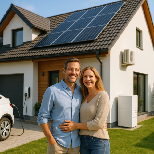 Uśmiechnięta para stoi ramię w ramię przed nowoczesnym białym domem z panelami słonecznymi - dzięki dotacjom na fotowoltaikę - samochodem elektrycznym ładowanym w pobliżu i energooszczędnym sprzętem, podkreślając ich zaangażowanie w ekologiczne, zrównoważone życie.