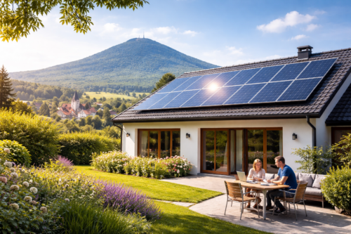 Dom jednorodzinny z panelami słonecznymi na dachu, tarasem z drewnianym stołem, przy którym siedzą dwie osoby z laptopem i dokumentami, otoczony zadbanym ogrodem z kwiatami i trawnikiem, a w tle wiejska dolina z kościołem i zalesionym wzgórzem pod niebieskim niebem.