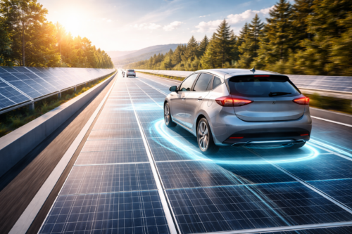 Srebrny samochód osobowy jedzie prawą stroną drogi pokrytej panelami słonecznymi, z niebieskimi świetlnymi smugami wokół kół; po obu stronach widać rzędy paneli fotowoltaicznych, zalesione wzgórza w tle, niskie słońce i kilka pojazdów w oddali.