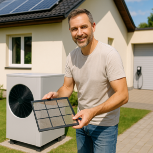 Uśmiechnięty mężczyzna w jasnym t‑shircie i dżinsach stoi przed domem z panelami słonecznymi na dachu, trzyma kwadratowy filtr z ramką przed zewnętrzną jednostką z dużym wentylatorem ustawioną na trawniku obok podjazdu i garażu z widoczną stacją ładowania.