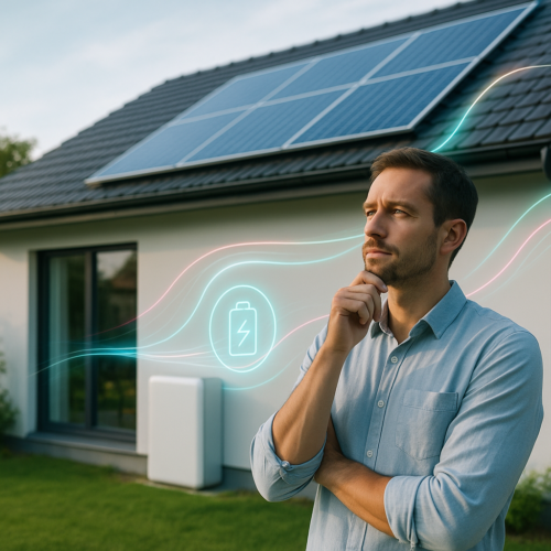 Mężczyzna stoi zamyślony przed nowoczesnym domem z panelami słonecznymi na dachu. Cyfrowa grafika przedstawia ikonę baterii i kolorowe linie, symbolizujące przepływ i magazynowanie energii, podkreślając zalety fotowoltaiki z magazynem energii.