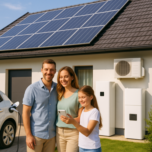 Uśmiechnięta rodzina (mężczyzna, kobieta i dziewczynka) stoi przed domem z panelami fotowoltaicznymi na dachu; po lewej widać podłączony do ładowania biały samochód, przy ścianie zamontowana jednostka zewnętrzna klimatyzacji i dwie pionowe białe obudowy urządzeń, a dziewczynka trzyma w rękach smartfon.
