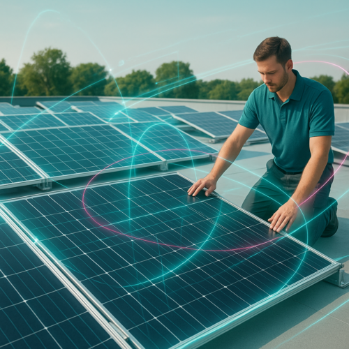 Mężczyzna w turkusowej koszuli sprawdza fotowoltaikę na dachu płaskim. Niebieskie i różowe linie cyfrowe wirują wokół paneli, sugerując zaawansowaną technologię lub przepływ energii. W tle widoczne są drzewa i czyste niebo.