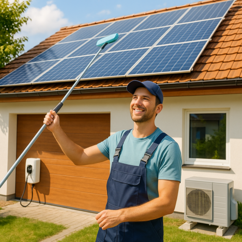 Mężczyzna w granatowej czapce i niebieskich ogrodniczkach trzyma długi kij z miękką szczotką i czyści panele słoneczne na dachówce domu, a w tle widać drewnopodobne drzwi garażu, zamontowaną stację ładowania, zewnętrzną jednostkę klimatyzacji, okno, trawnik i błękitne niebo.