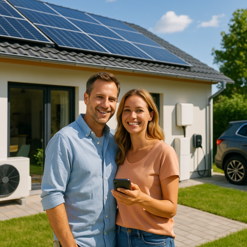Para stojąca na pierwszym planie przed domem z panelami słonecznymi na dachu, obok widoczna jednostka klimatyzacji, stacja ładowania samochodu elektrycznego z zaparkowanym SUV-em, a kobieta trzyma smartfon.