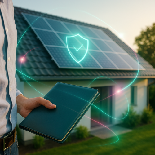 Osoba trzyma folder przed domem z panelami słonecznymi. Cyfrowe, świecące linie i ikona tarczy reprezentują ubezpieczenie fotowoltaiki, podkreślając ochronę lub ubezpieczenie energii słonecznej. Scena przedstawia bujną zieleń na zewnątrz.