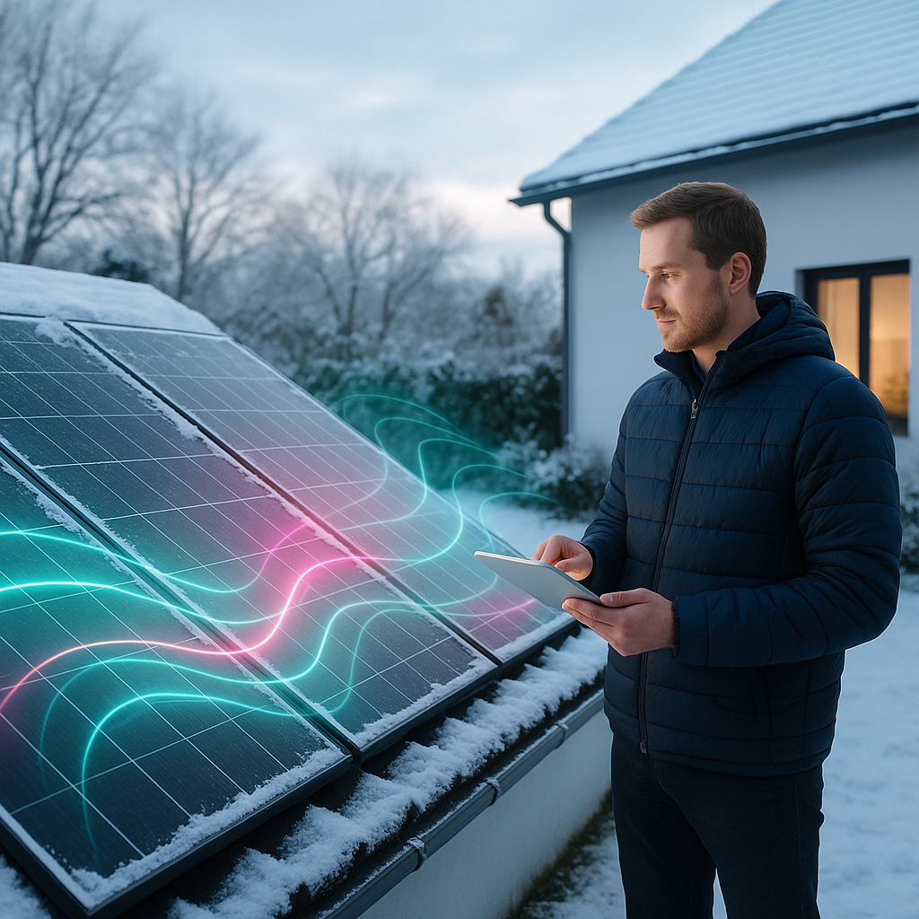 Mężczyzna w zimowej kurtce stoi przy pokrytych śniegiem panelach słonecznych na zewnątrz domu, trzymając tablet. Kolorowe cyfrowe fale ilustrują fotowoltaikę w grudniu, podkreślając monitorowanie i optymalizację energii słonecznej w śnieżnych warunkach.