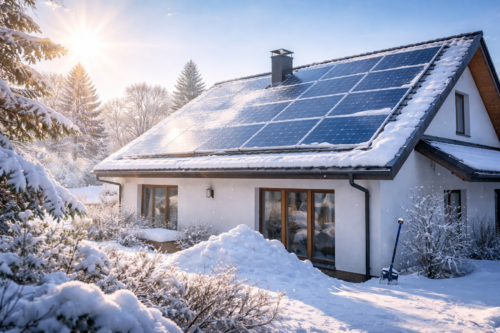 Biały dom jednorodzinny w zimowym krajobrazie: spadzisty dach pokryty panelami słonecznymi i śniegiem z kominem, duże okna z drewnianymi ramami, przed domem zaśnieżone krzewy i kopiec śniegu oraz po prawej oparta łopata do odśnieżania, wszystko oświetlone niskim, jasnym słońcem.