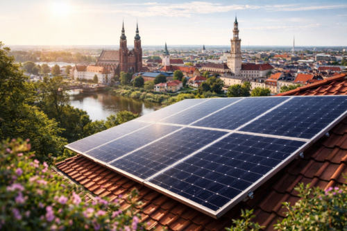 Panele słoneczne zamontowane na czerwonej dachówce na pierwszym planie, w tle nad rzeką rozciąga się miasto z dużym kościołem z dwiema wieżami, wysoką wieżą zegarową, domami z czerwonymi dachami, drzewami i jasnym niebem.
