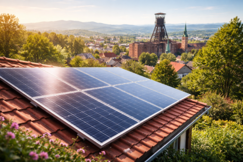 Panele fotowoltaiczne na czerwonej dachówce w pierwszym planie z odbiciem słońca, niżej kwitnące różowe kwiaty, w tle zalesione wzgórza, domy miasteczka, wysoka metalowa wieża przemysłowa i kościół z zielonym dachem wieży na horyzoncie.