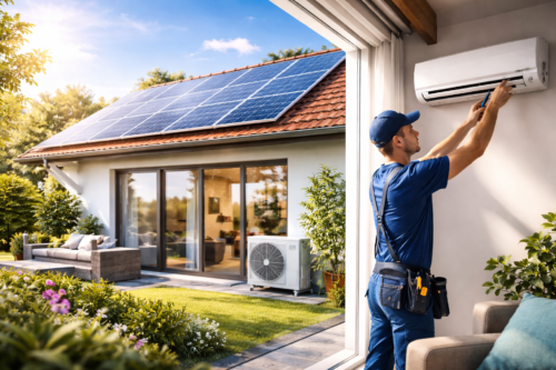 Mężczyzna w niebieskim uniformie z pasem narzędziowym pracuje przy ściennej jednostce klimatyzacyjnej we wnętrzu domu przy otwartych przesuwnych drzwiach; na zewnątrz widać ogród z tarasem i meblami, zewnętrzną jednostkę klimatyzacji przy ścianie, dach pokryty panelami słonecznymi oraz kwitnące rabaty.