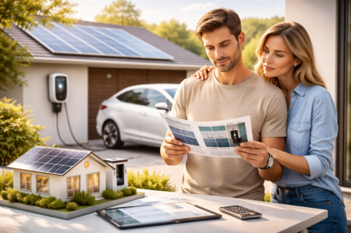 Mężczyzna i kobieta (on w beżowym t‑shircie, ona w jasnoniebieskiej koszuli) stoją przy zewnętrznym stole; mężczyzna trzyma ulotkę z obrazami paneli słonecznych, kobieta ma rękę na jego ramieniu; na stole znajduje się model domu z panelami fotowoltaicznymi, tablet i kalkulator, a w tle widać biały samochód na podjeździe, garaż z panelami na dachu i stację ładowania przy ścianie oraz drzewa i krzewy.