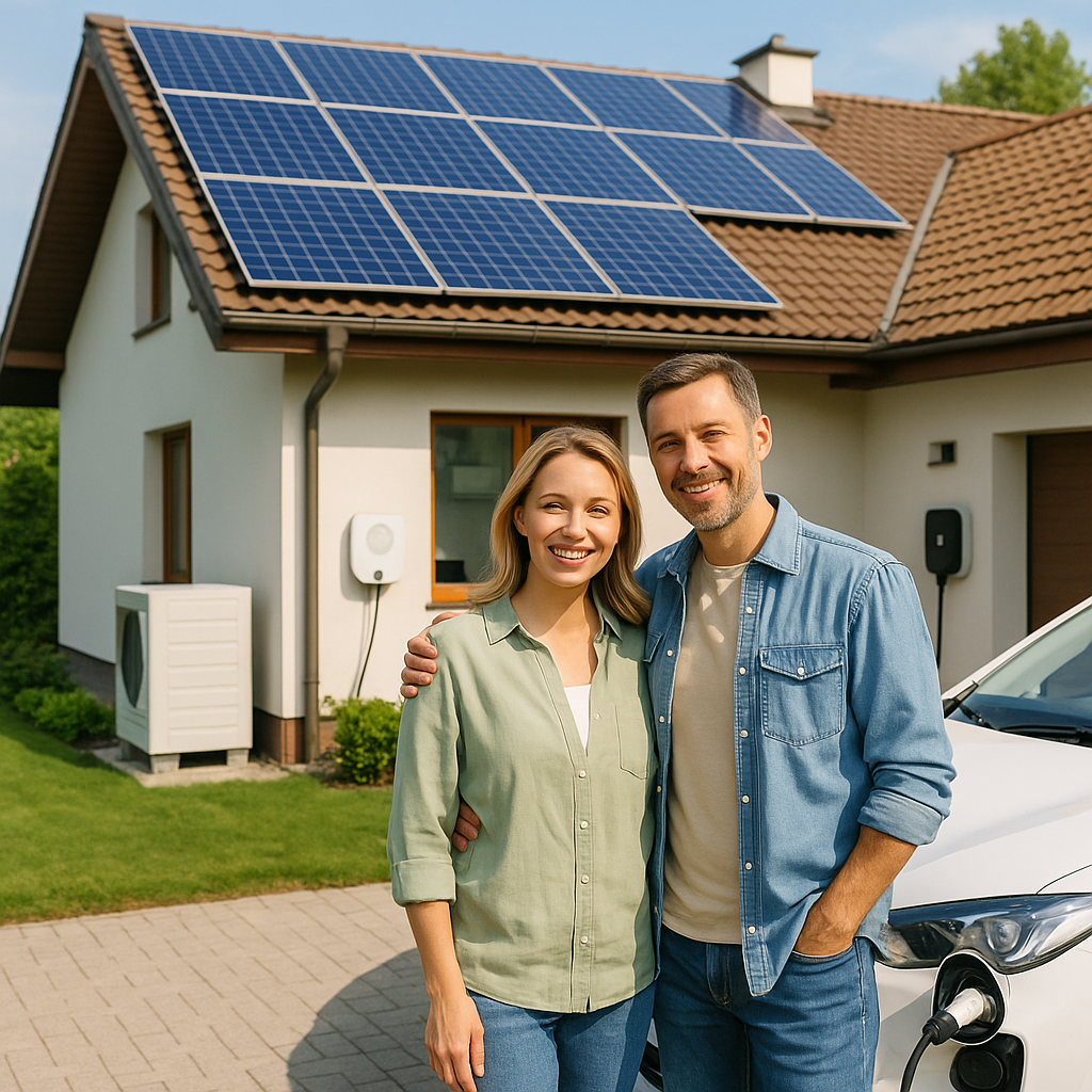Mężczyzna i kobieta stojący blisko przed domem z panelami fotowoltaicznymi na dachu, oboje uśmiechnięci, mężczyzna ma rękę na ramieniu kobiety; obok zaparkowany samochód podłączony do ładowarki ściennej oraz widoczna zewnętrzna jednostka klimatyzacji.