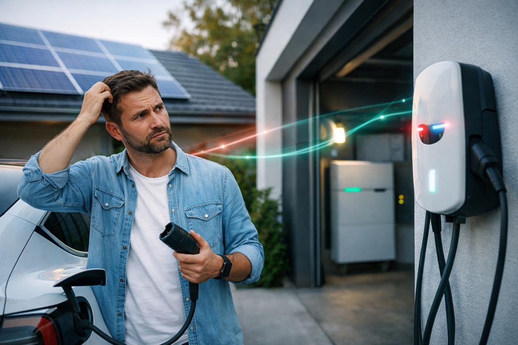 Mężczyzna stoi na zewnątrz obok białego samochodu elektrycznego, drapiąc się po głowie i trzymając wtyczkę do ładowania. Stoi przed zamontowaną na ścianie ładowarką EV ze świecącymi światłami, podczas gdy fotowoltaika z ładowarką EV zasila domowy system akumulatorów w otwartym garażu.