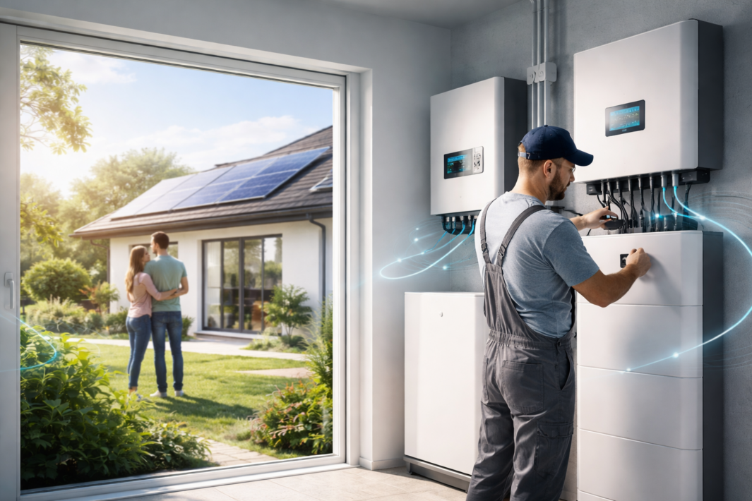 Technik w kombinezonie reguluje nowoczesny system fotowoltaiczny z magazynem energii w jasnym pomieszczeniu. Na zewnątrz para stoi przy domu z panelami słonecznymi, wokół nich zieleń. Cyfrowa grafika przepływu energii łączy wydajne systemy wewnętrzne i zewnętrzne.