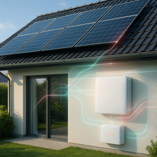Nowoczesny dom z panelami słonecznymi na dachu i dwoma eleganckimi akumulatorami zamontowanymi na ścianie zewnętrznej prezentuje fotowoltaikę z magazynem energii. Stylizowane świecące linie pokazują przepływ energii, z oświetlonymi słońcem zielonymi roślinami w ogrodzie.