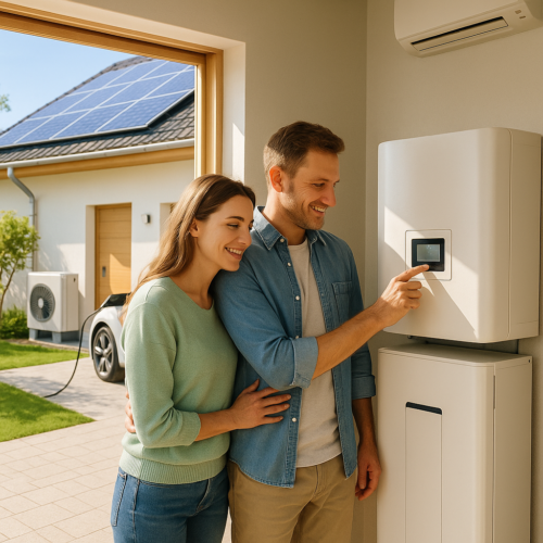 Uśmiechająca się para stoi wewnątrz przy ściennym urządzeniu z małym wyświetlaczem, mężczyzna dotyka panelu sterowania, a przez duże okno widać dom z panelami słonecznymi na dachu, zaparkowany samochód z podłączonym kablem i zewnętrzną jednostkę klimatyzacji.