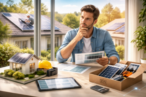 Mężczyzna siedzi przy stole przy dużym oknie, trzyma dokumenty i opiera dłoń na brodzie; na stole stoi model domu z panelami słonecznymi, żółty kask, skrzynka narzędziowa, tablet, kalkulator oraz pudełko z panelami i narzędziami, a przez okno widać dachy z zamontowanymi panelami, osobę w kasku pracującą na dachu i drzewa w tle.