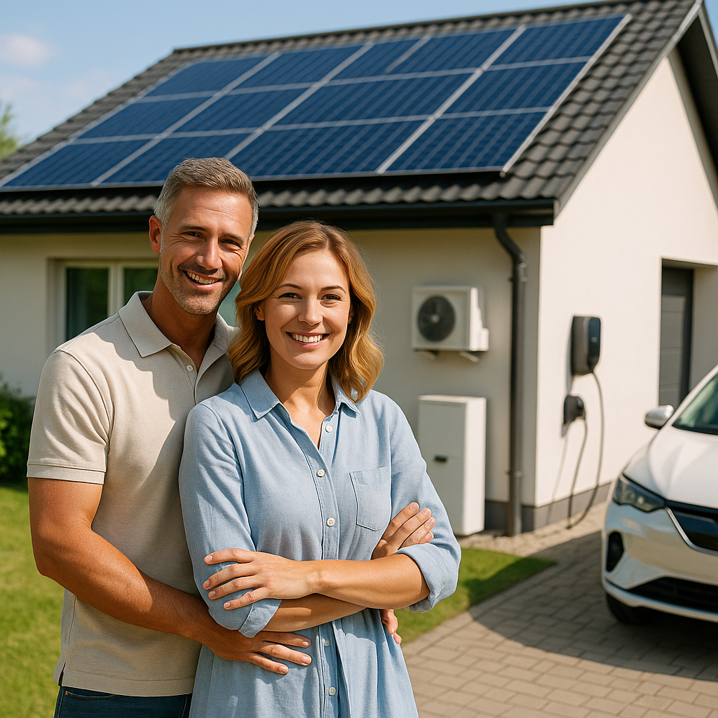 Dwóch dorosłych stoi na podjeździe przed domem z panelami fotowoltaicznymi na dachu; na ścianie widać stację ładowania samochodu elektrycznego i jednostkę klimatyzacji, po prawej stoi biały samochód.