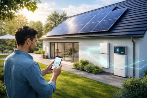 Mężczyzna widziany z profilu w niebieskiej koszuli trzyma smartfon na trawniku przed nowoczesnym domem z panelami fotowoltaicznymi na dachu; na zewnętrznej ścianie przymocowane są dwie białe jednostki elektroniczne, jedna z ekranem, a świetliste niebieskie linie łączą smartfon, jednostki i panele; w tle widać przesuwne szklane drzwi, donice, taras z parasolem i drzewa ogrodowe.