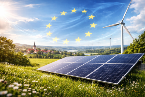 Panele słoneczne na łące z kwiatami na pierwszym planie; w tle wiatraki i wiejska zabudowa z kościołem na pagórkowatym krajobrazie, na błękitnym niebie świecące słońce oraz dwanaście żółtych gwiazd układających się w krąg symbolu Unii Europejskiej.
